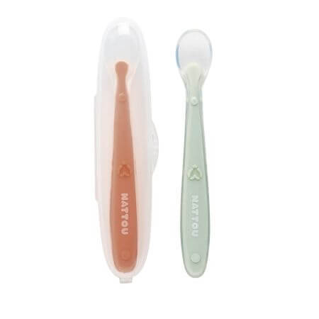 Set de 2 cuillères en silicone et boîte de protection, crème et gris, Nattou