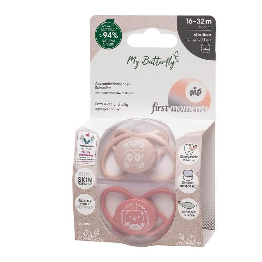 Set de 2 chupetes de silicona, forma anatómica, simétrica, tetina ortodóntica flexible First Moments MyButterfly, 16-32 meses, Nip