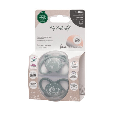 Set de 2 chupetes de silicona, forma anatómica, simétrica, tetina ortodóntica flexible First Moments MyButterfly, 5-18 meses, Nip