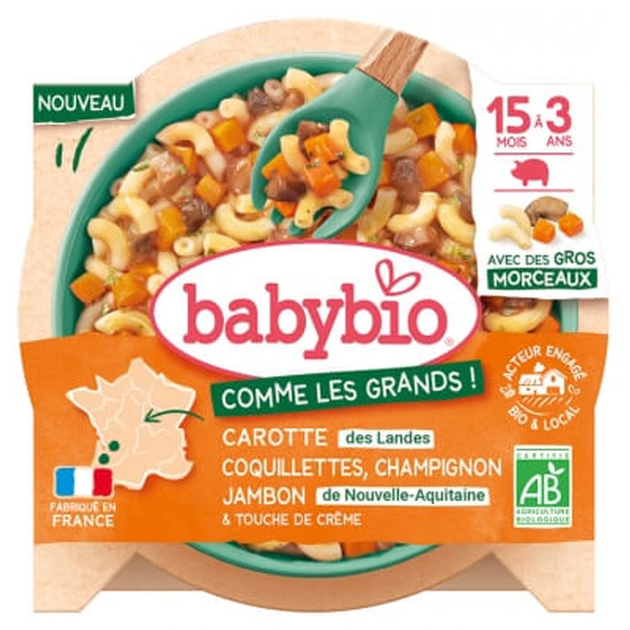 Babybio: Möhren, Coquillettes, Pilze und Schinken – Für Kinder im Alter von 15 Monaten bis 3 Jahren – Bio, 200 g
