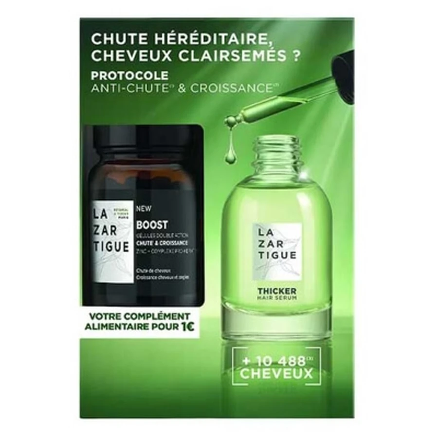 Sérum espesante y anticaída Lazartigue «Thicker Hair», 50 ml + «Hair Loss & Growth Boost», 30 cápsulas