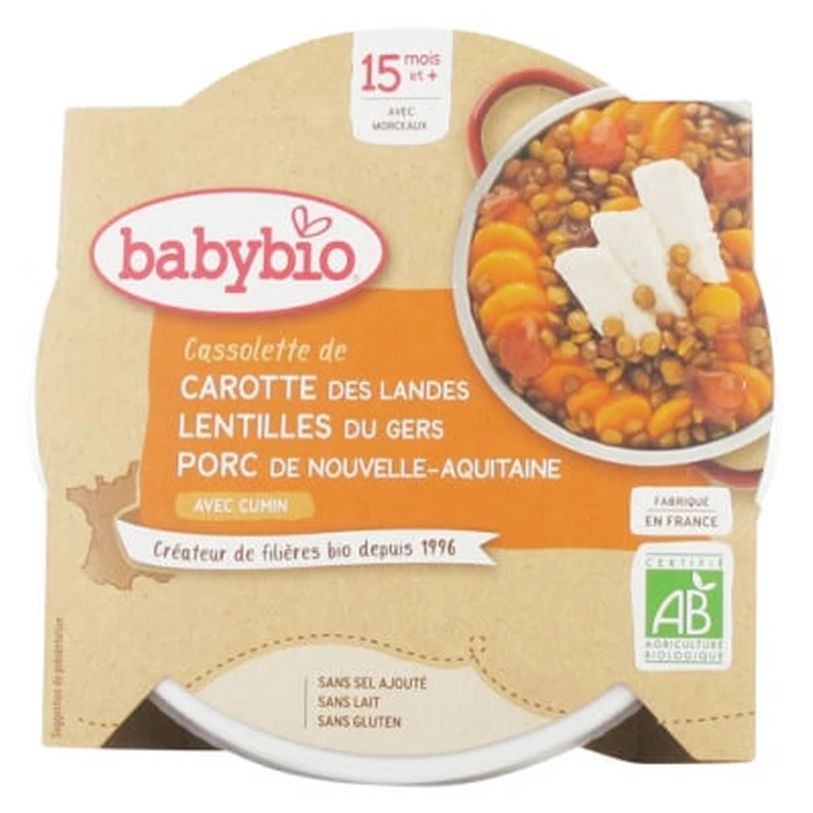 Babybio: Guiso de zanahoria, lentejas y carne de cerdo, a partir de los 15 meses, ecológico, 260 g