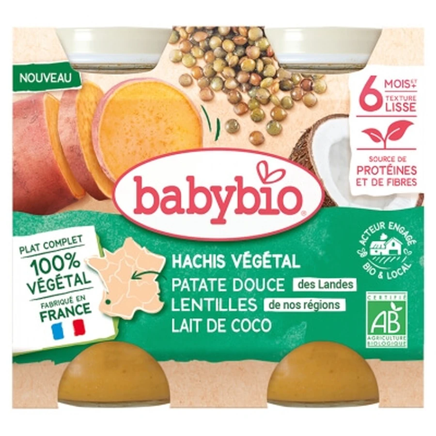 Babybio Groentepuree met zoete aardappel, linzen en kokosmelk, vanaf 6 maanden, biologisch, 2 potjes van elk 200 g