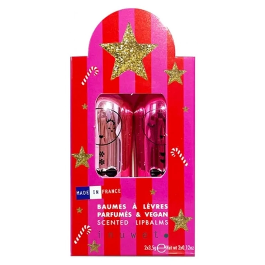 Inuwet Duo Deluxe Balsamo labiale profumato in metallo, gusto sorbetto al lampone e mela caramellata, 2 x 3,5 g