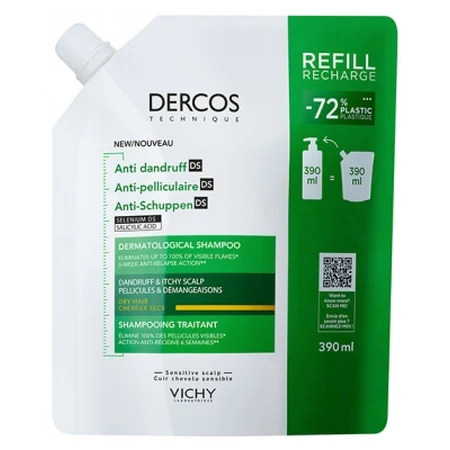 Vichy Dercos Șampon tratament anti-mătreață DS pentru păr uscat, reîncărcare ecologică, 390 ml