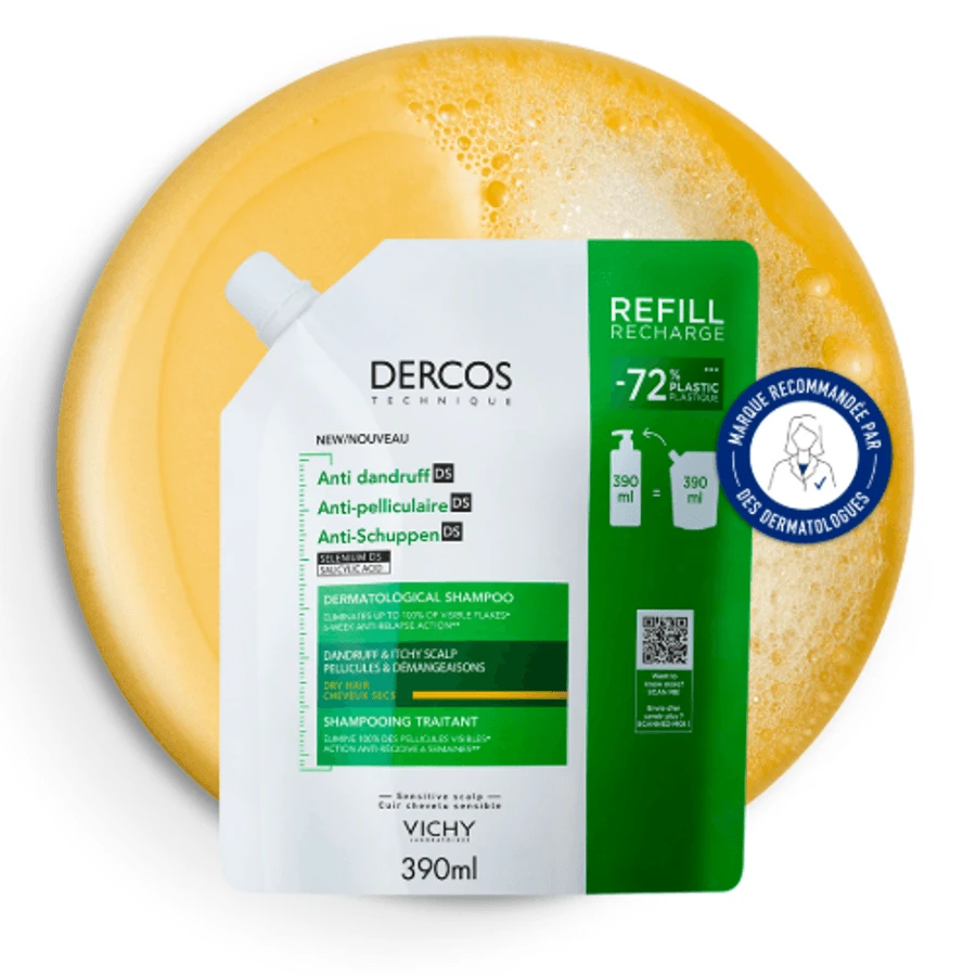 Vichy Dercos Șampon tratament anti-mătreață DS pentru păr uscat, reîncărcare ecologică, 390 ml