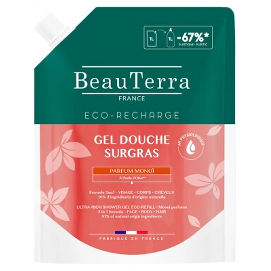 BeauTerra Gel Douche Surgras Monoï Éco-Recharge 1 L