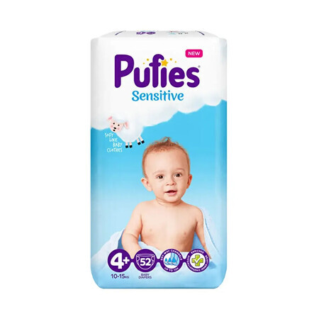 Pañal Pufies Sensitive, 4+ Maxi+, Maxi Pack, 10-15 kg, 52 piezas