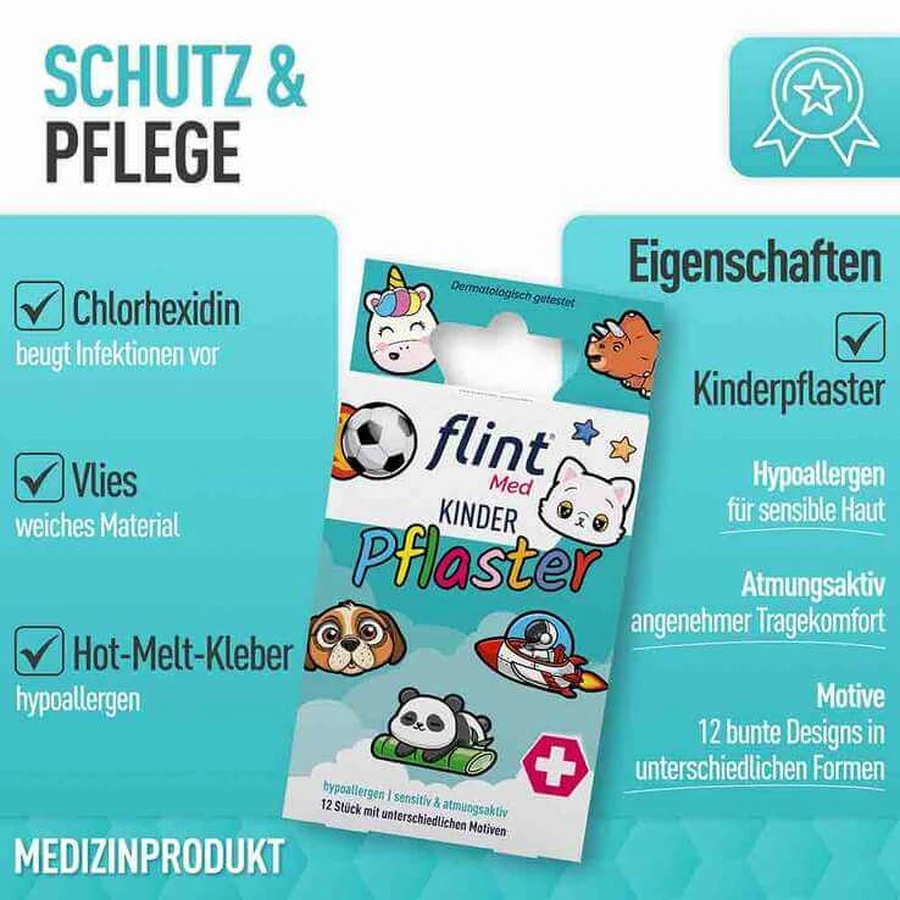 Apósitos pediátricos Flint Med, 13 x 22 mm, hipoalergénicos, para pieles sensibles, 12 apósitos