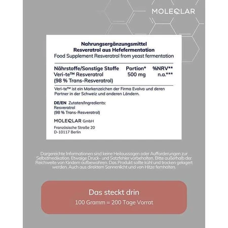 Poudre de resvératrol trans Moleqlar, 100 g de poudre