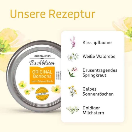 Oryginalne cukierki z esencjami kwiatowymi Bacha firmy Murnauer, opracowane na podstawie receptur dr. Bacha, 50 g cukierków: ceny i cechy