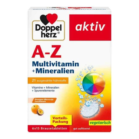 Doppelherz A-Z – multiwitaminy i minerały w tabletkach musujących, 6 opakowań po 15 tabletek musujących: ceny i cechy