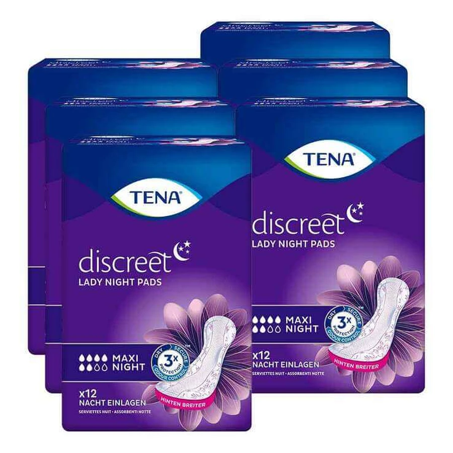 Serviettes de nuit discrètes TENA® Maxi pour l'incontinence, 6 x 12 pièces.