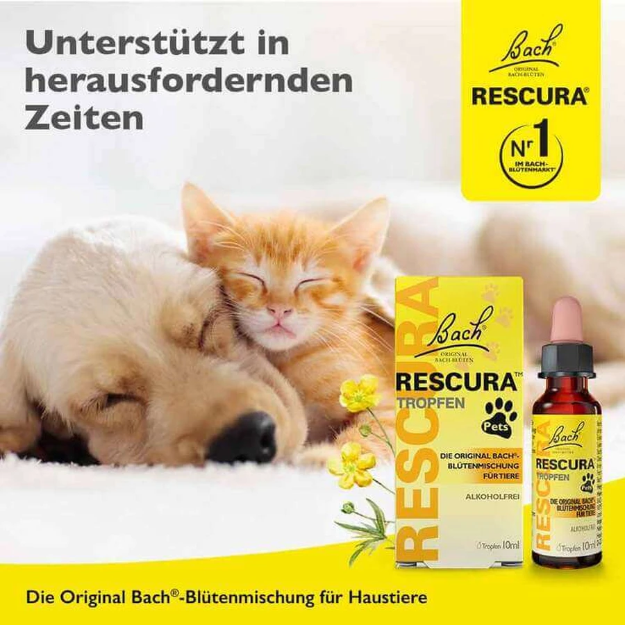 Picături originale Rescura Pets cu flori de Bach, fără alcool, de uz veterinar (pentru animale), 10 ml picături