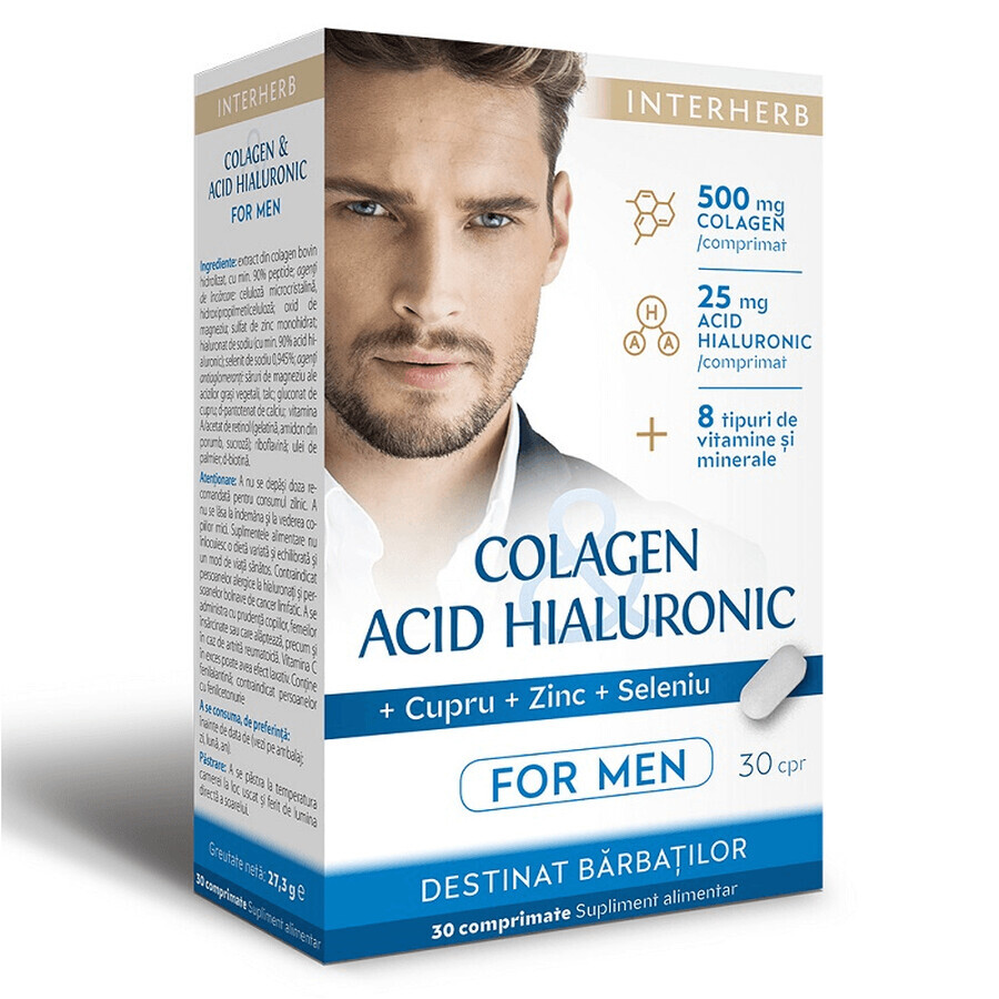 Colágeno y ácido hialurónico con vitaminas y minerales para hombres, 500 mg, 30 comprimidos, Interherb