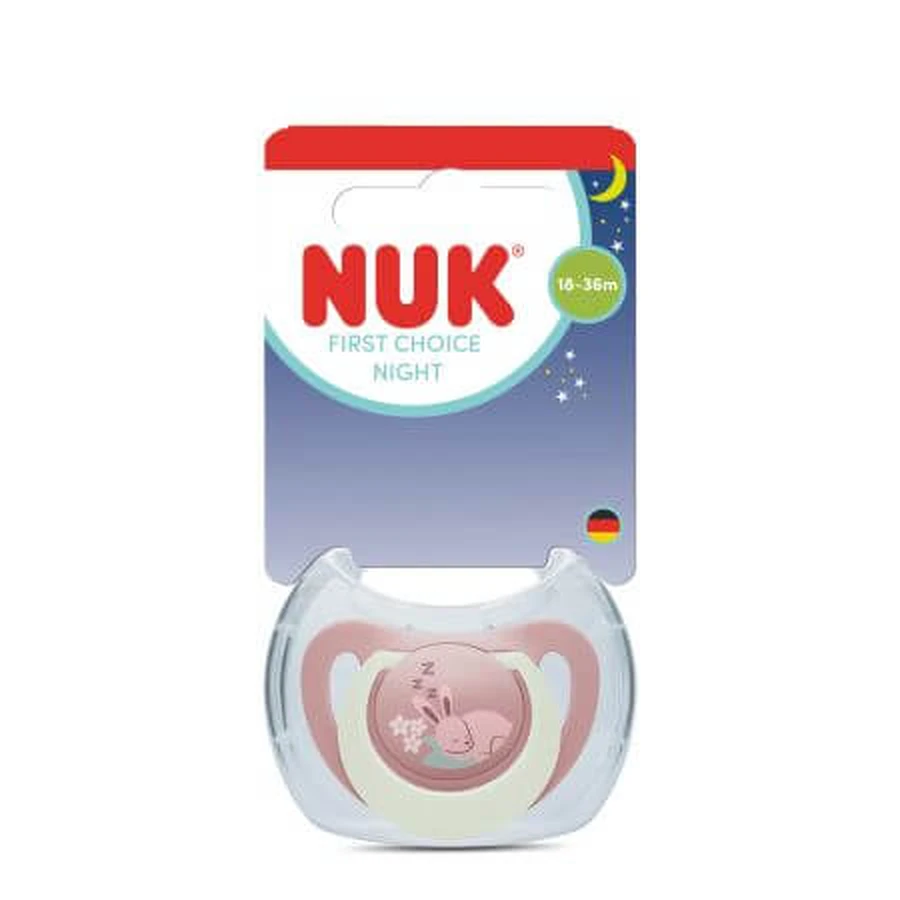 Nuk First Choice Night Pacifier, Pink, Bunny, 18–36 months, 1 piece, Nuk