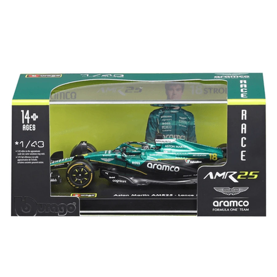 Aston Martin Formula 1 Model Car, 1:43 scale, Lance Stroll with helmet, Ages 14+, Bburago