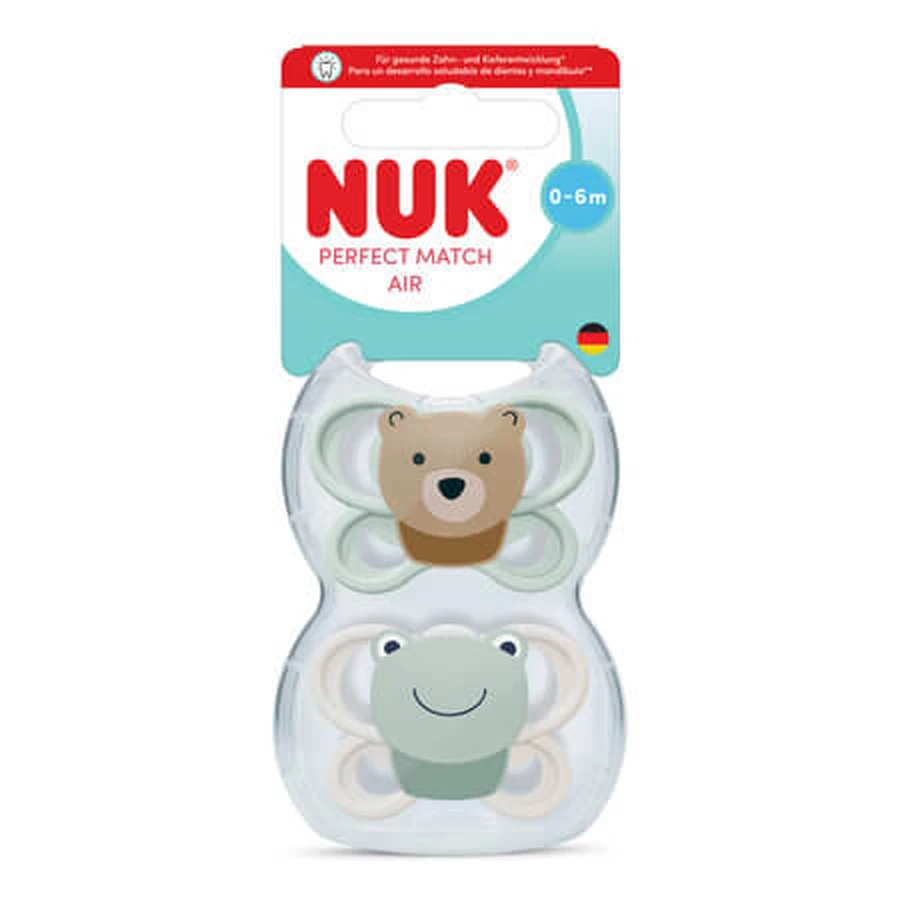 Perfect Match Air Pacifier Set, Bear/Frog, 0–6 months, 2-pack, Nuk