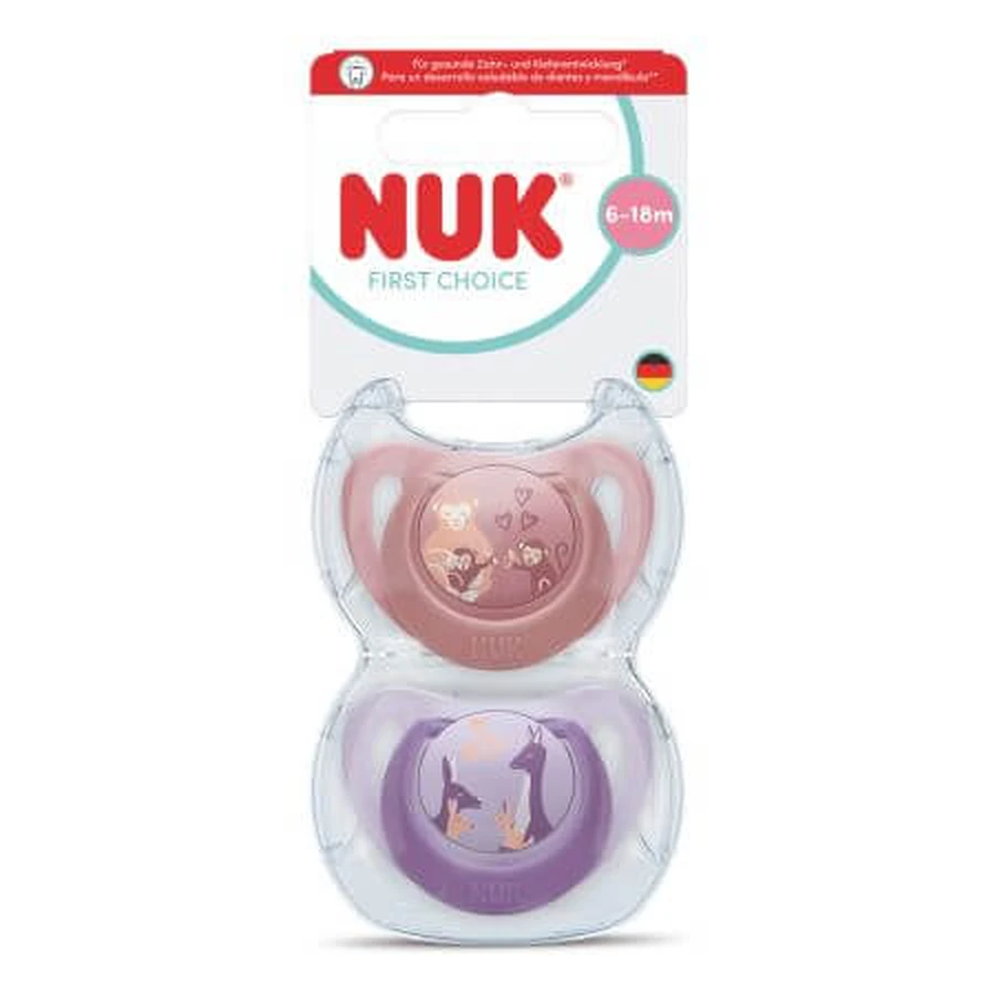 Zestaw smoczków First Choice, Małpka/Kangur, 6–18 miesięcy, 2 sztuki, Nuk: ceny i cechy