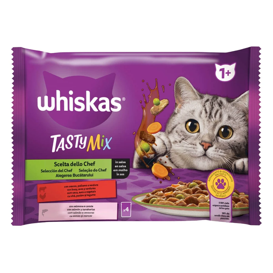 WHISKAS Tasty Mix Chef's Choice, saumon, bœuf et volaille, aliments humides pour chat en sachets (en sauce), lot de 4 sachets de 85 g