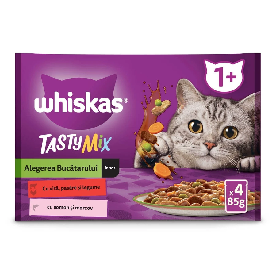 WHISKAS Tasty Mix Chef's Choice, saumon, bœuf et volaille, aliments humides pour chat en sachets (en sauce), lot de 4 sachets de 85 g