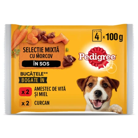 PEDIGREE Razza mista, XS-XL, Manzo e tacchino, cibo umido per cani in bustine (in salsa), confezione multipla, 100 g x 4