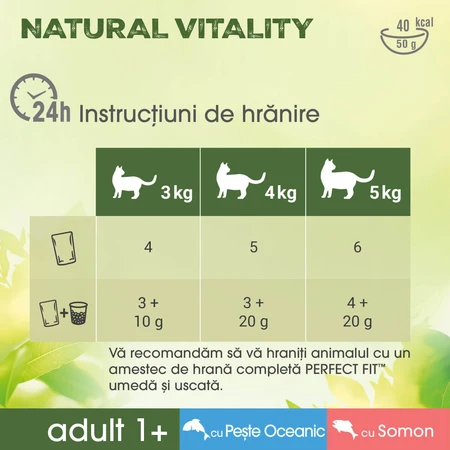 PERFECT FIT Natural Vitality, Saumon et poisson, aliments humides pour chat sans céréales en sachets (en sauce), lot de 6 sachets de 50 g