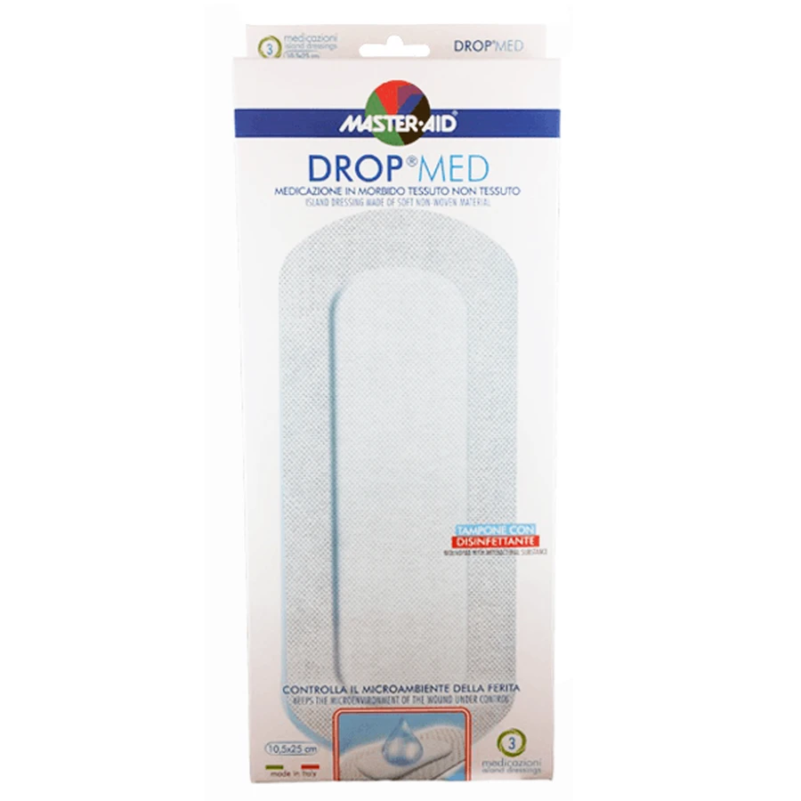 Master Aid | Drop Med 10,5 x 25 | Compresses de gaze auto-adhésives non collantes | 3 pièces