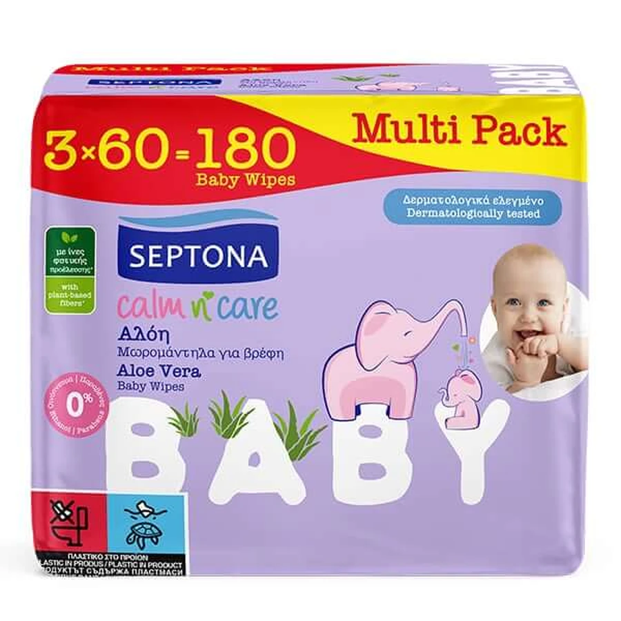 Septona | Calm n' Care Aloë Vera-babydoekjes met aloë | 3 x 60 doekjes 
