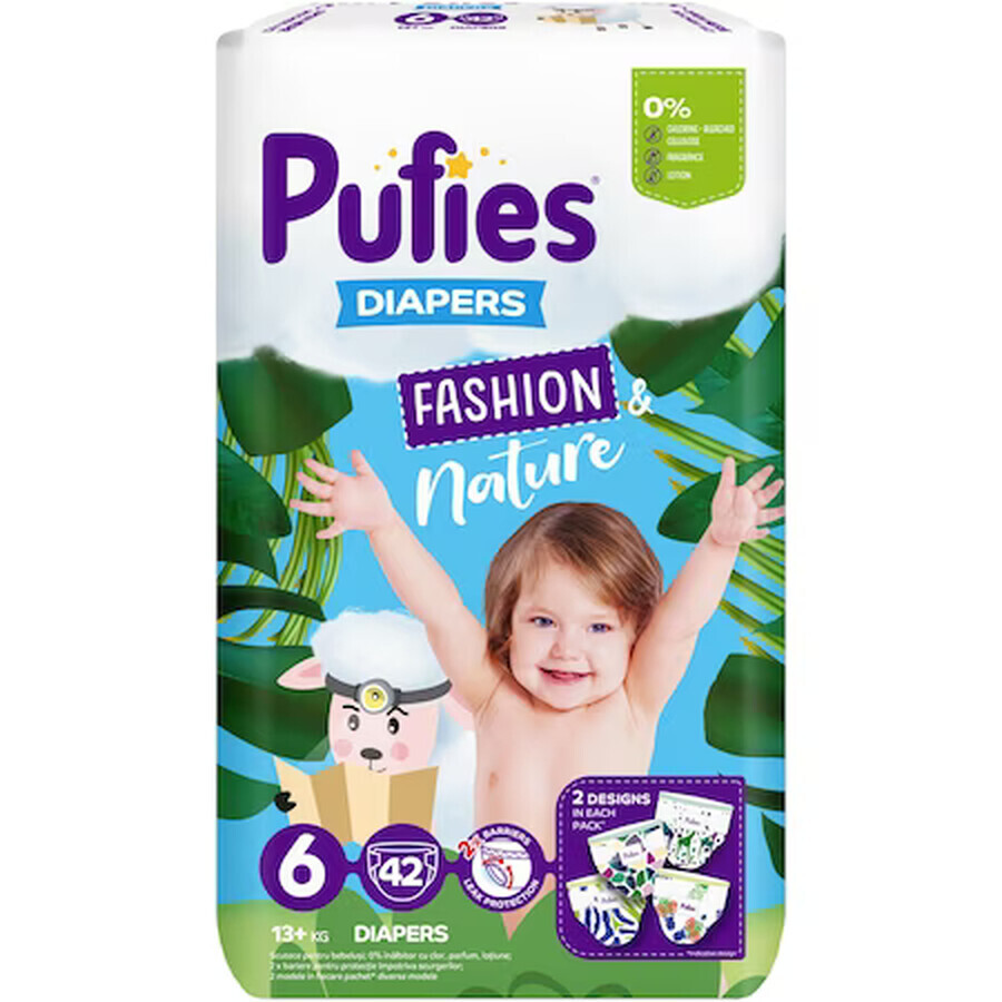 Pañales Extra Grandes Fashion &amp; Nature, no. 6, +13 kg, 42 piezas, Pufies