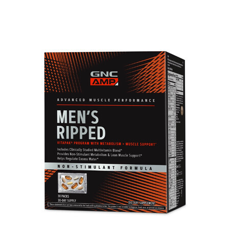 Gnc Amp Men's Ripped Vitapak Complejo Multivitamínico Para Hombres- No Estimulante, 30 Paquetes