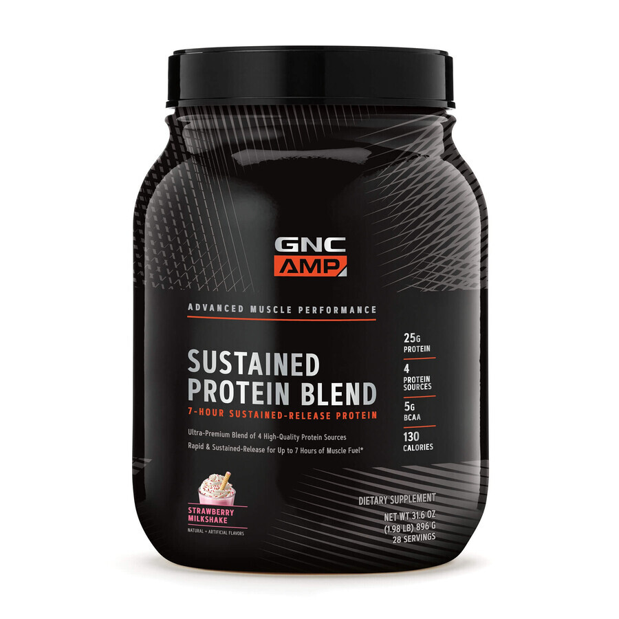 Gnc Amp Sustained Protein Blend, Strawberry Milkshake Flavored Protein Blend, 896 G