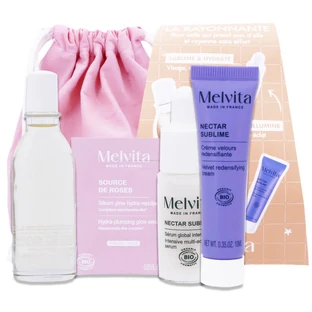 MELVITA "LA RAYONNANTE" SET: TASJE + 4 HUIDVERZORGINGSPRODUCTEN