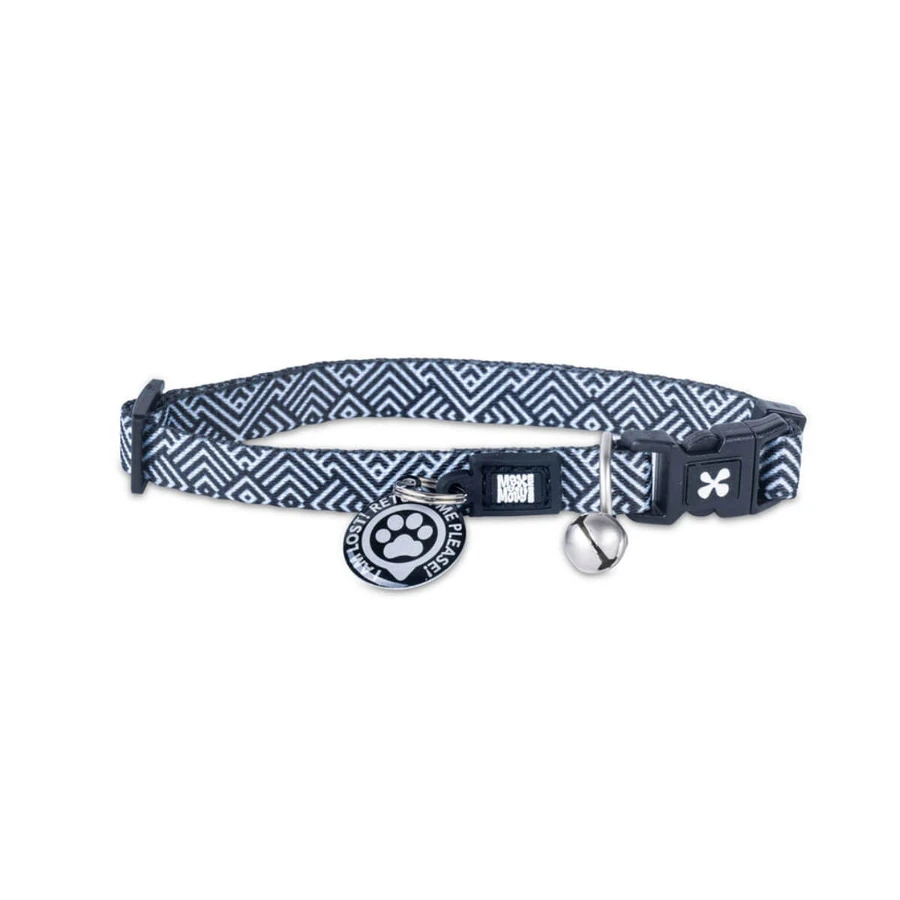 MAX & MOLLY Smart ID Mykonos Black, collare per gatti, regolabile, poliestere, bianco e nero, fibbia a tridente, 22–35 x 1 cm