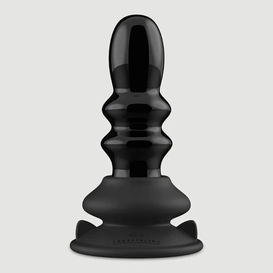Ribbly Remote-Controlled Ribbed Glass Butt Plug with Suction Cup - Black