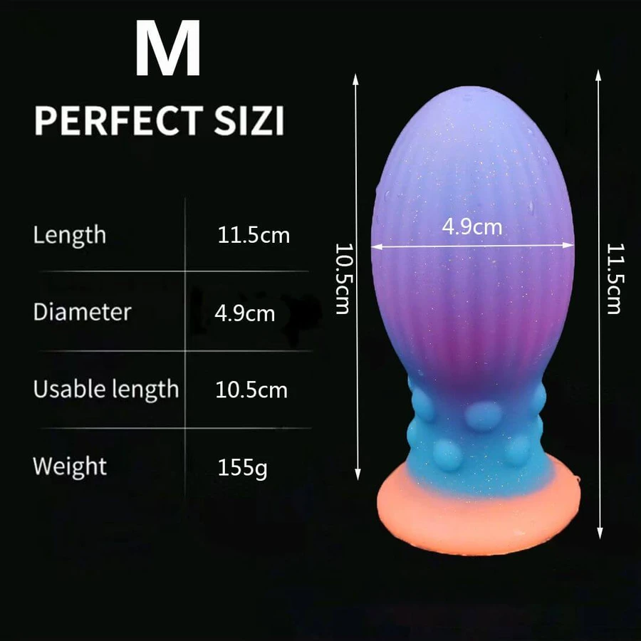 Glow-in-the-Dark Medium Silicone Egg Butt Plug with Suction Cup, 11.5 x 4.9 cm - Multicolored