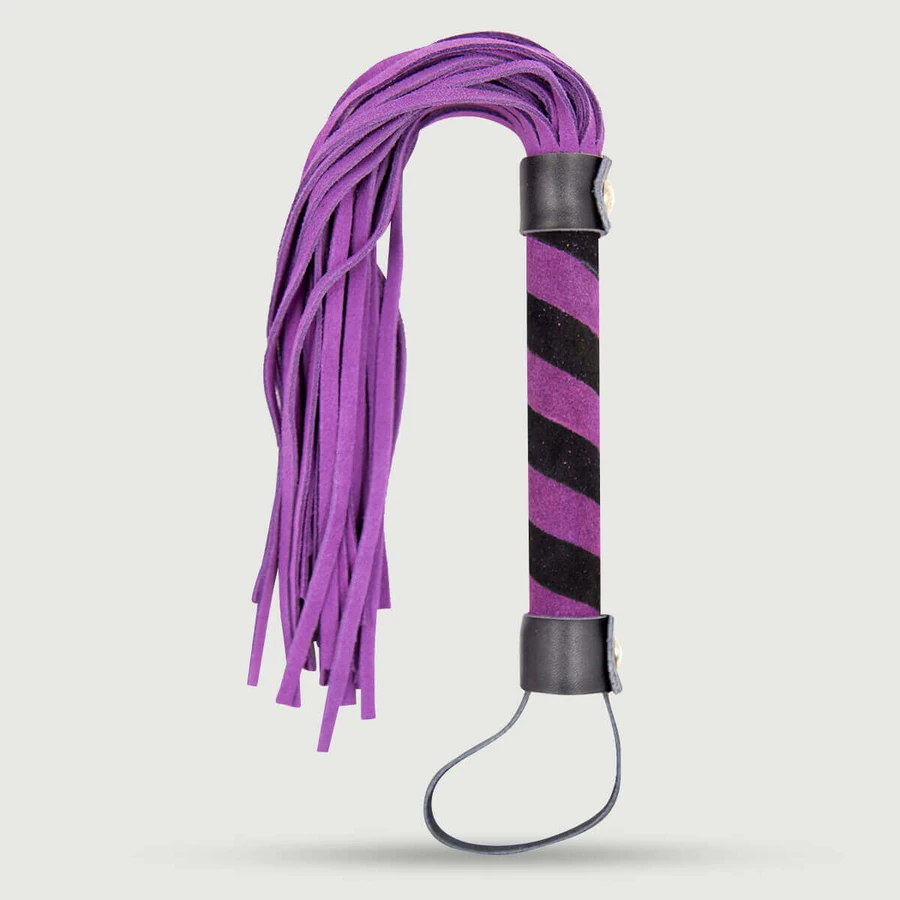 Fouet à lanières de cuir et poignée style zèbre - Violet