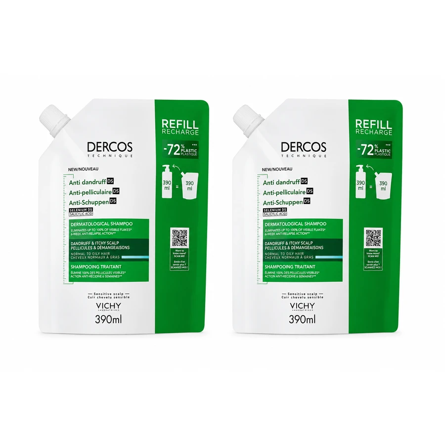 Shampoo antiforfora ecologico ricaricabile per capelli normali-grassi Dercos, 2x390 ml, Vichy