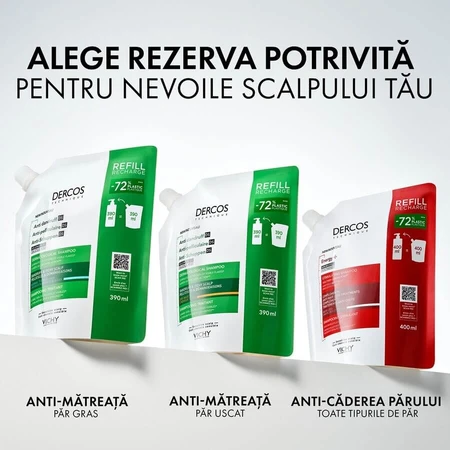 Shampoo antiforfora ecologico ricaricabile per capelli normali-grassi Dercos, 2x390 ml, Vichy