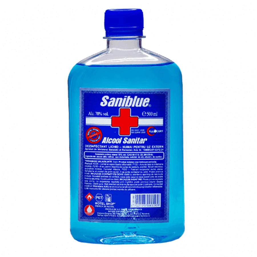 Alcool denaturato al 70%, 5 flaconi da 500 ml, Saniblue