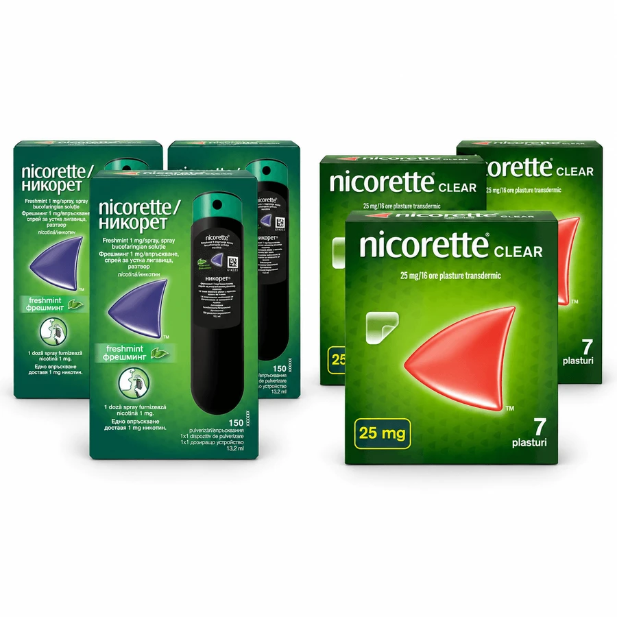 Nicorette Freshmint Spray, 1 mg, 39,6 ml + Nicorette Clear, 15 mg, 21 pleisters, McNeil