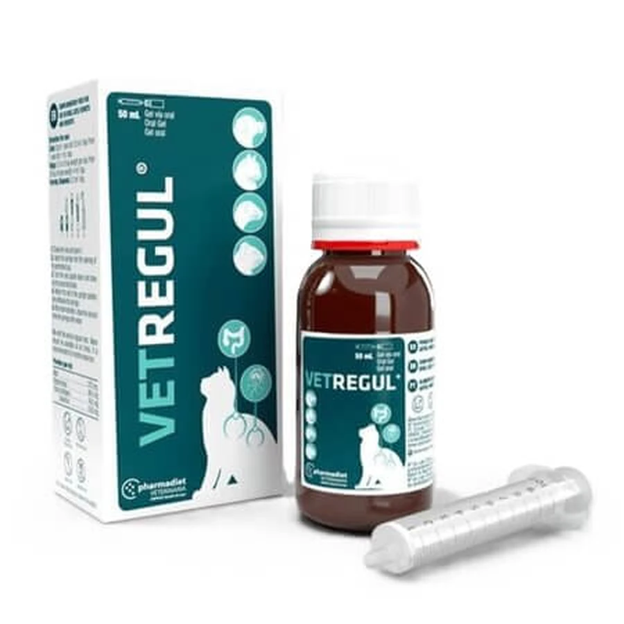 Vetregul Gel, 50 ml, Pharmadiet: un complemento alimenticio para favorecer el tránsito intestinal en perros, gatos, hurones y roedores