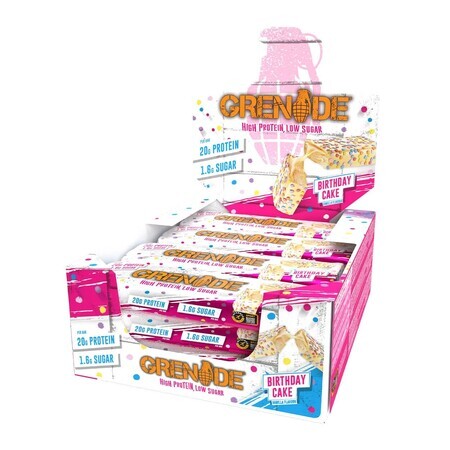 Grenade High Protein, Low Sugar Bar Birthday Cake, Barrita de proteínas con sabor a tarta de cumpleaños, 60g