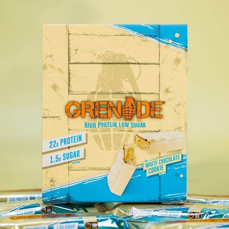 Grenade High Protein, Low Sugar Bar White Chocolate Cookie, Barre protéinée aromatisée au chocolat blanc, 60 g