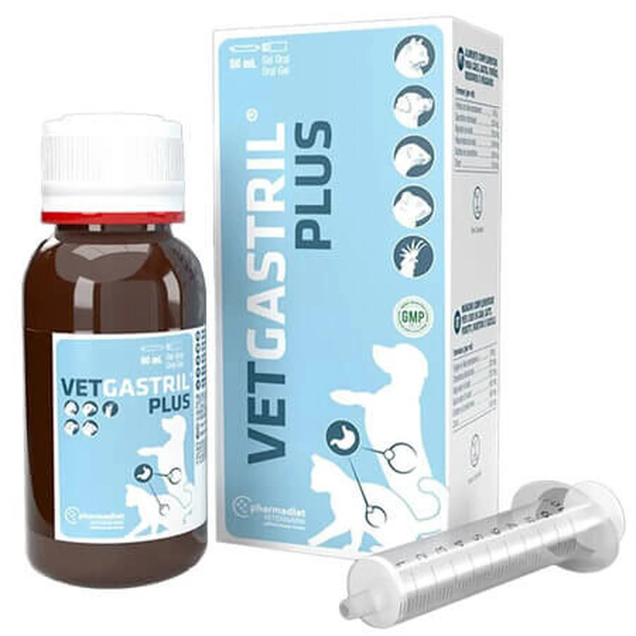 Suplement wspomagający trawienie dla psów, kotów, fretek, gryzoni i ptaków: Vetgastril Plus Gel, 50 ml, Pharmadiet: ceny i cechy
