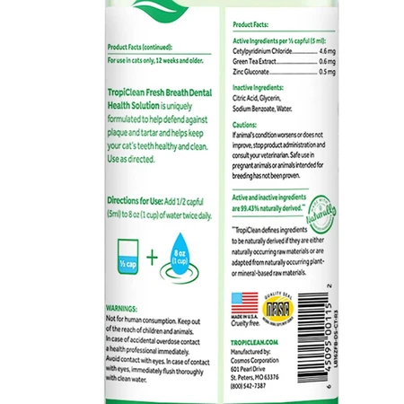 Aditivo para el agua TropiClean para el cuidado bucal de los gatos, 473 ml