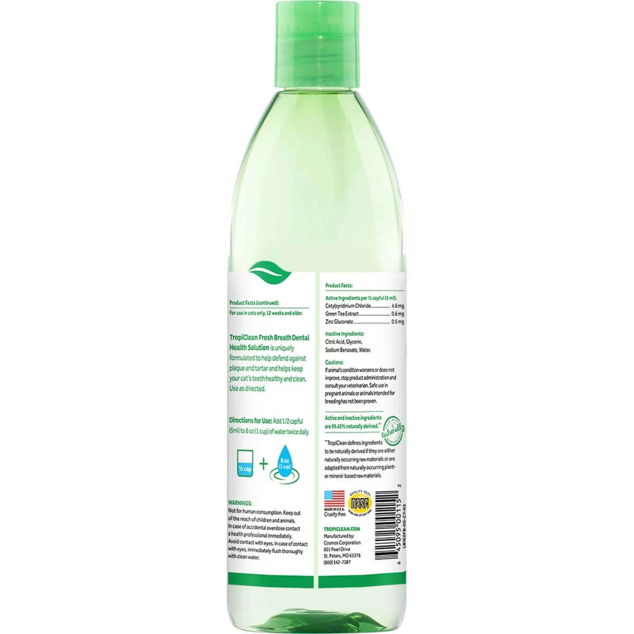 Aditivo para el agua TropiClean para el cuidado bucal de los gatos, 473 ml
