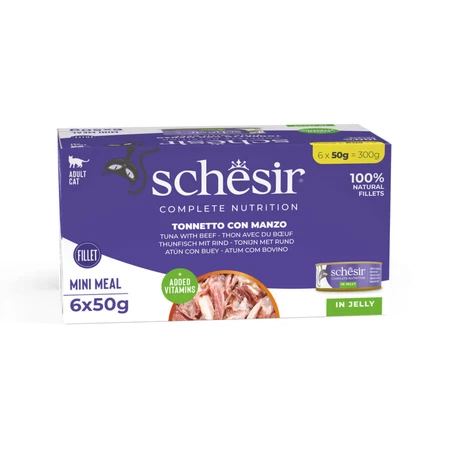 SCHESIR, atún y ternera, comida húmeda enlatada para gatos (en gelatina), paquete múltiple, 50 g x 6