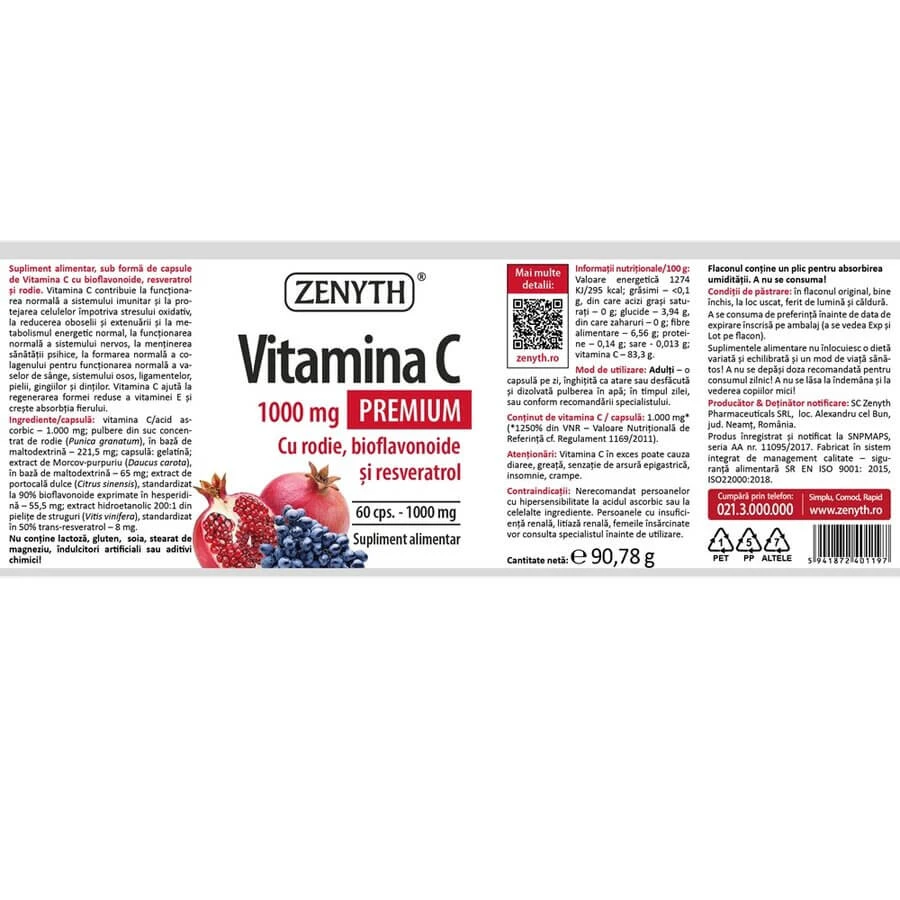 Vitamine C Premium 1 000 mg, 2 x 90 gélules, Zenyth