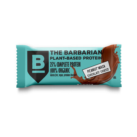 Barrita proteica ecológica envuelta en chocolate con cacahuetes y maca, 68 gr, The Barbarian